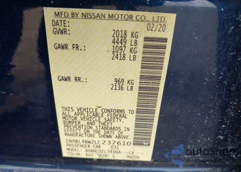 2020 Nissan Altima S Intelligent Awd from USA, damaged, VIN 1N4BL4BW2LC237610